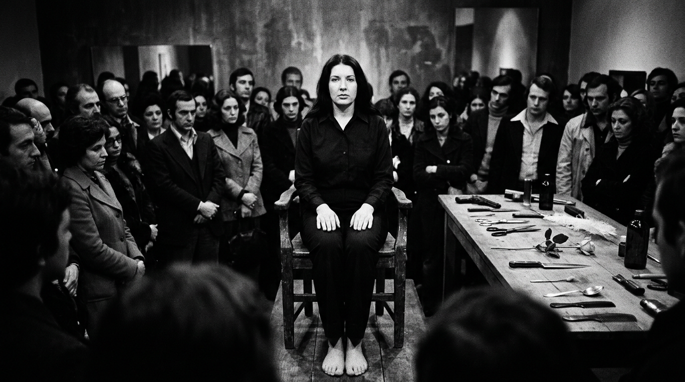 🎭 “Ik ben het object. Ik neem de volledige verantwoordelijkheid.” – In 1974 bracht de kunstenaar Marina Abramović zes uur door in een galerij in Napels, waardoor het publiek iets met haar moest doen. Het resultaat was een schokkend experiment over de menselijke natuur. Sommigen veegden haar tranen af, anderen sneden haar met een mes en probeerden haar te verkrachten. En toen de show voorbij was, rende iedereen weg.