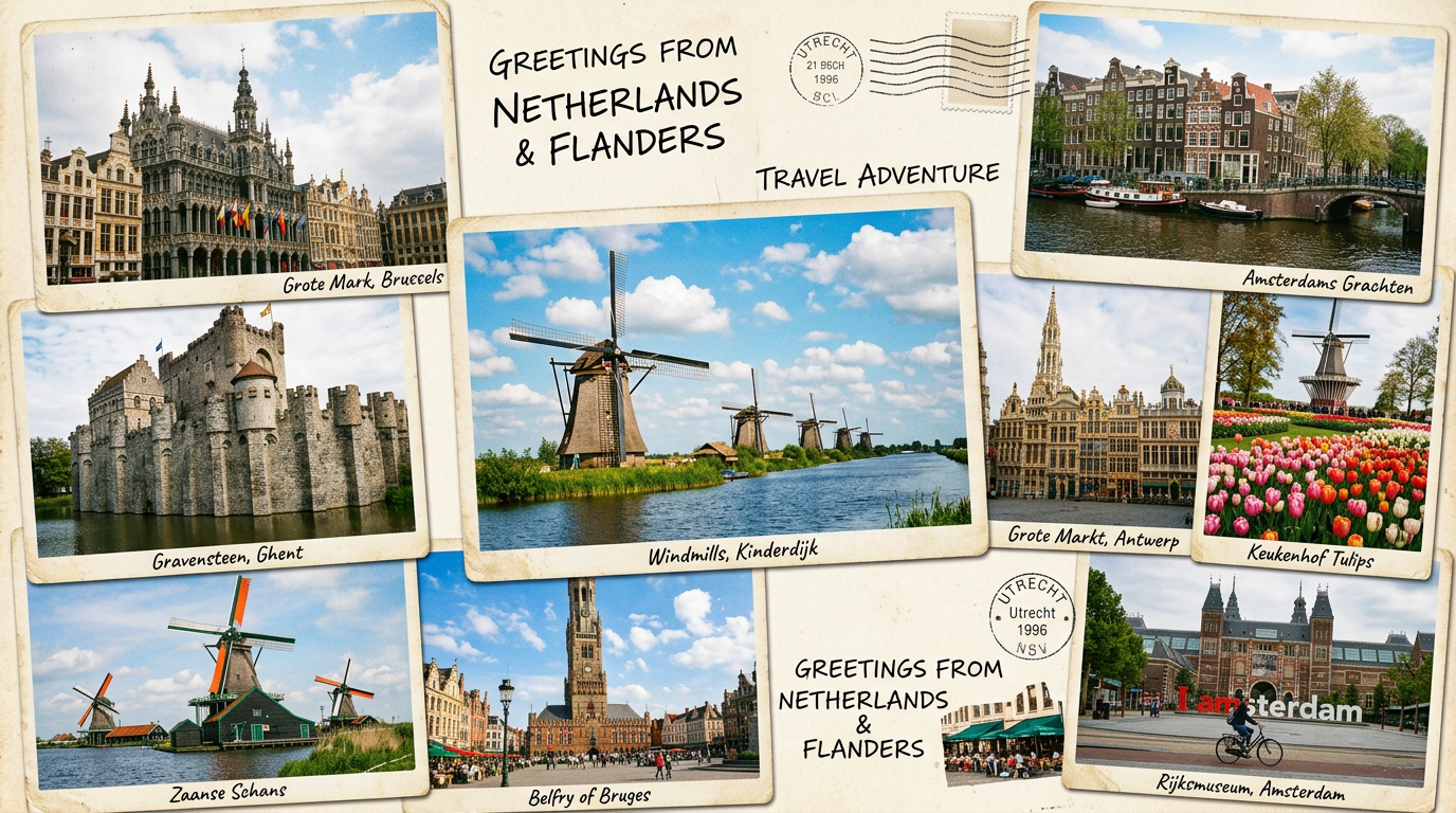 Postcard collage showing Grote Markt Brussels, Gravensteen Ghent, Kinderdijk windmills, Amsterdam canals, Antwerp Grote Markt, Keukenhof tulips, Zaanse Schans windmills, Belfry of Bruges, and Rijksmuseum Amsterdam