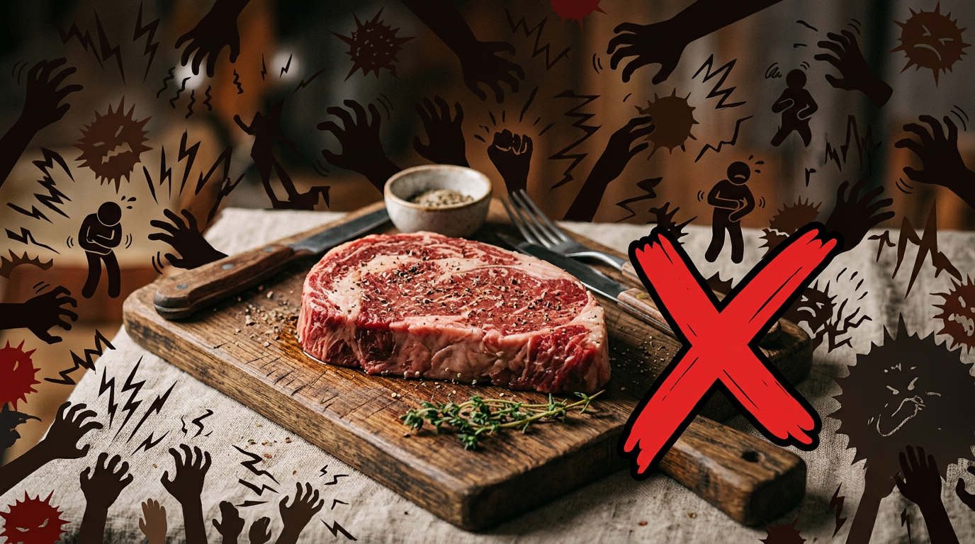 Raw steak on a wooden cutting board with pepper, herbs, and a red X symbol representing health warning.