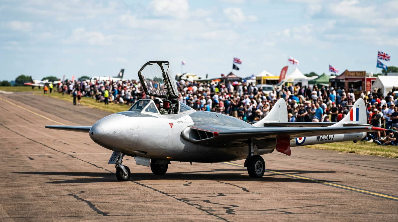 🇸🇪 Spectacol aerian întrerupt de un incident la Malmen: Un avion de Havilland Vampire și-a pierdut carlinga la decolare. Pilotul a reușit să oprească în siguranță