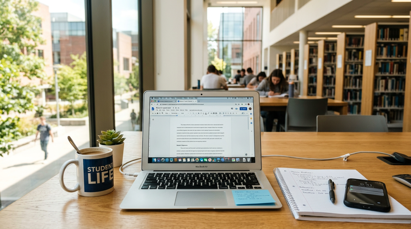 Laptop displaying a document beside a STUDENT LIFE mug, notebook, and phone