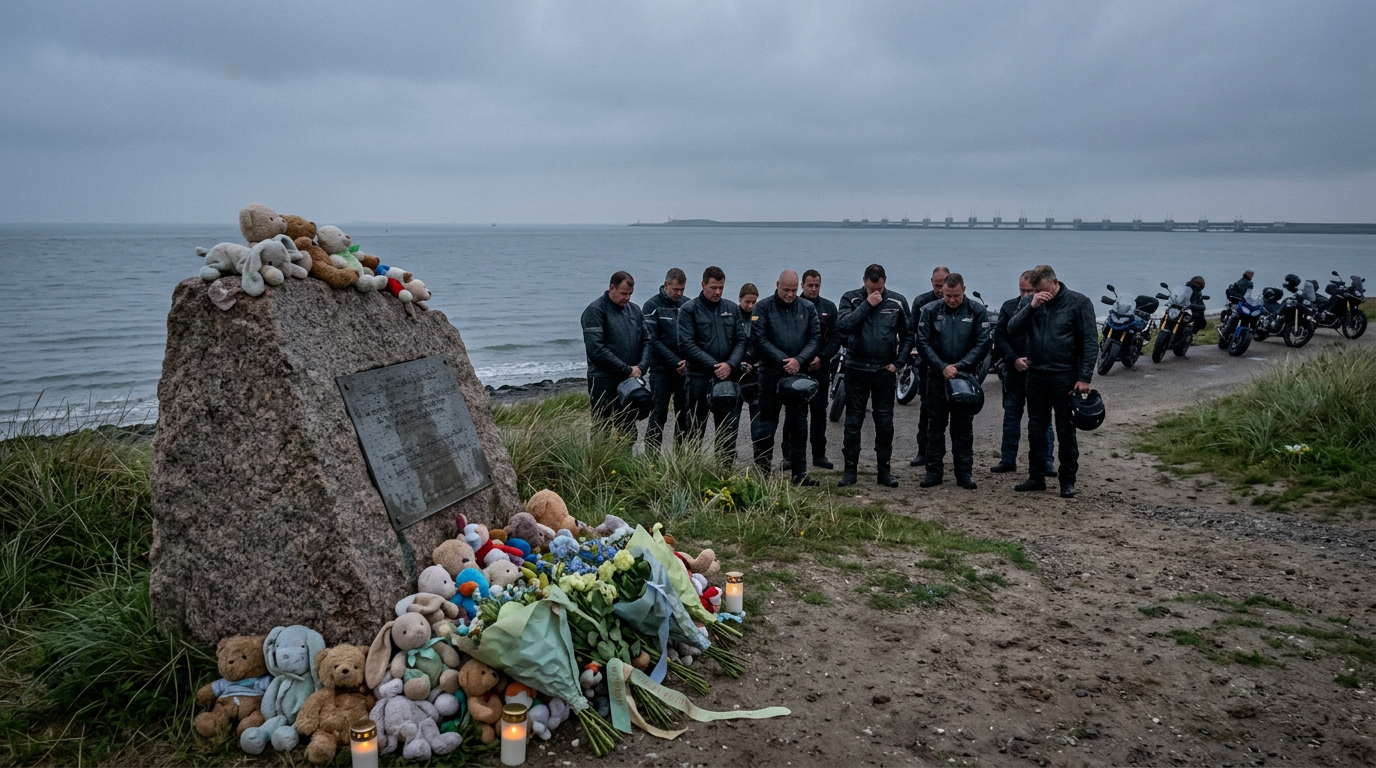 Memorial stone at a grey Zeeland coast