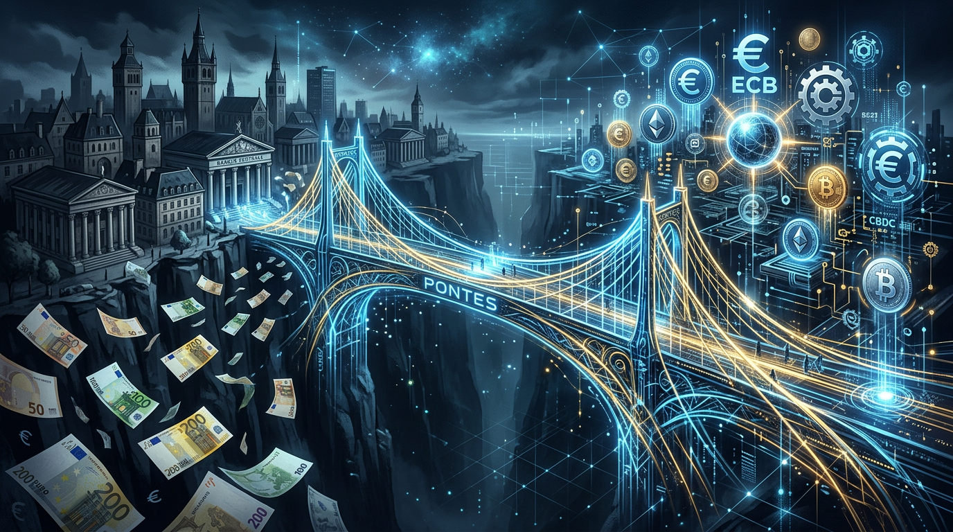 Bridge labeled PONTES linking European banks, euros, cryptocurrencies, and CBDC symbols