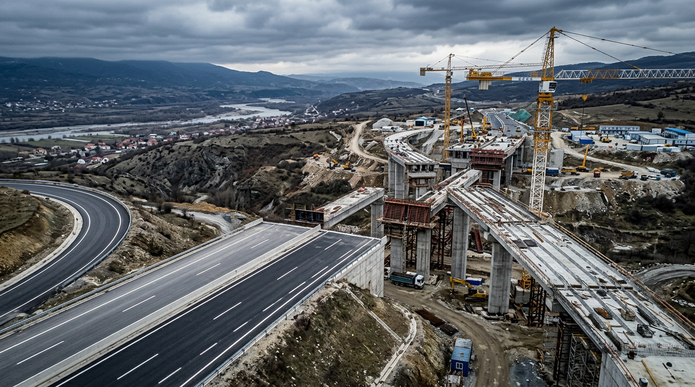 Highway bridge and interchange under construction in a mountainous landscape