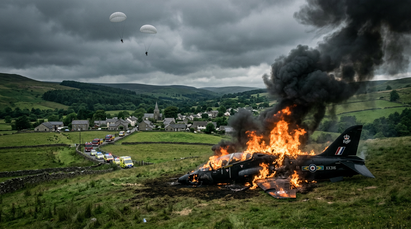 Burning military jet crash in a rural valley with emergency vehicles